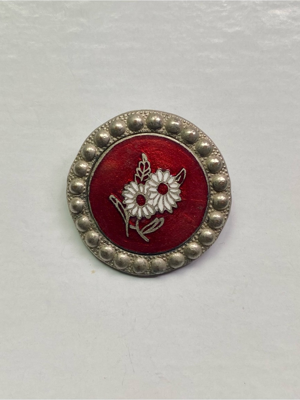 Vintage Floral Round Brooch in Red with Silver Detail